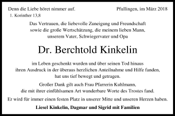 Anzeige von Berchtold Kinkelin von Reutlinger General-Anzeiger