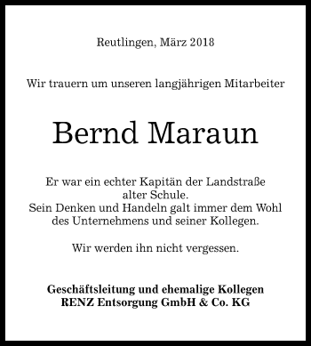 Anzeige von Bernd Maraun von Reutlinger General-Anzeiger