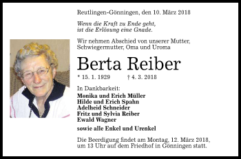 Anzeige von Berta Reiber von Reutlinger General-Anzeiger