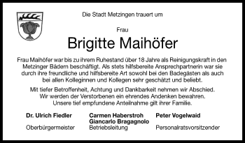 Anzeige von Brigitte Maihöfer von Reutlinger General-Anzeiger