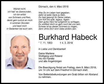 Anzeige von Burkhard Habeck von Reutlinger General-Anzeiger