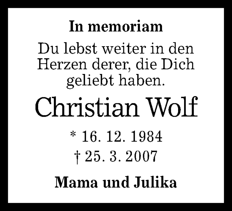  Traueranzeige für Christian Wolf vom 24.03.2018 aus Reutlinger General-Anzeiger