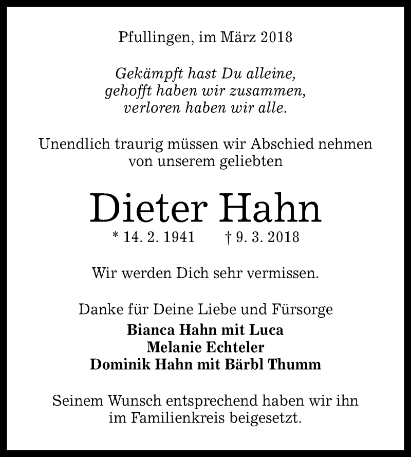  Traueranzeige für Dieter Hahn vom 17.03.2018 aus Reutlinger General-Anzeiger