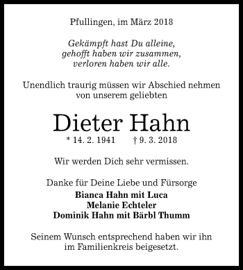 Anzeige von Dieter Hahn von Reutlinger General-Anzeiger