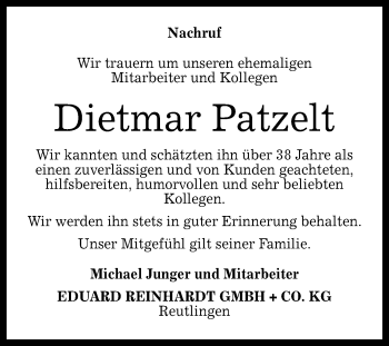 Anzeige von Dietmar Patzelt von Reutlinger General-Anzeiger
