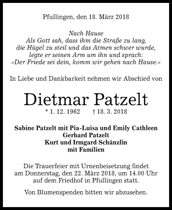 Anzeige von Dietmar Patzelt von Reutlinger General-Anzeiger