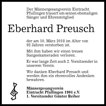 Anzeige von Eberhard Preusch von Reutlinger General-Anzeiger
