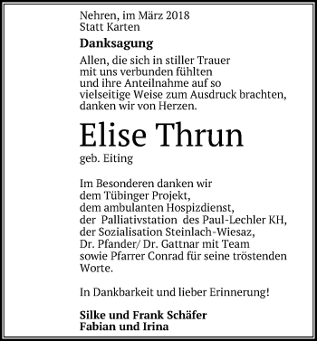 Anzeige von Elise Thrun von Reutlinger General-Anzeiger