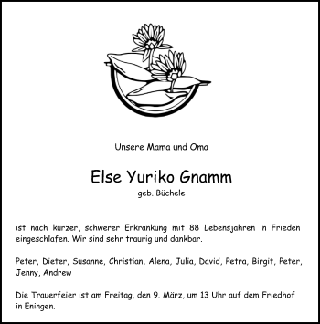 Anzeige von Else Yuriko Gnamm von Reutlinger General-Anzeiger