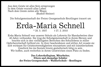 Anzeige von Erda-Maria Schnell von Reutlinger General-Anzeiger