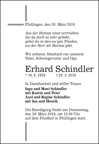 Anzeige von Erhard Schindler von Reutlinger General-Anzeiger