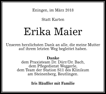 Anzeige von Erika Maier von Reutlinger General-Anzeiger