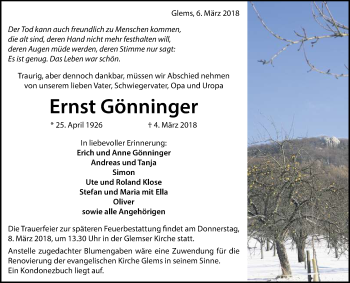 Anzeige von Ernst Gönninger von Reutlinger General-Anzeiger