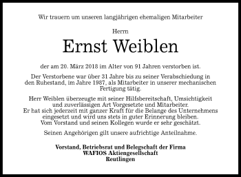 Anzeige von Ernst Weiblen von Reutlinger General-Anzeiger