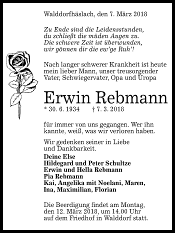 Anzeige von Erwin Rebmann von Reutlinger General-Anzeiger