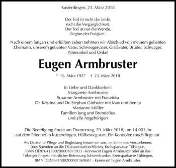 Anzeige von Eugen Armbruster von Reutlinger General-Anzeiger