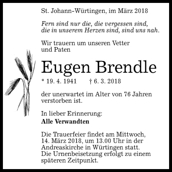 Anzeige von Eugen Brendle von Reutlinger General-Anzeiger