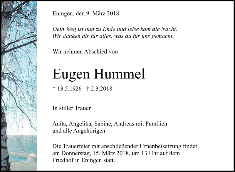  Traueranzeige für Eugen Hummel vom 09.03.2018 aus Reutlinger General-Anzeiger