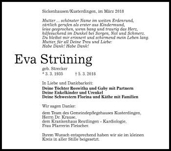 Anzeige von Eva Strüning von Reutlinger General-Anzeiger
