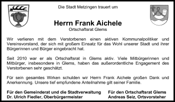 Anzeige von Frank Aichele von Reutlinger General-Anzeiger