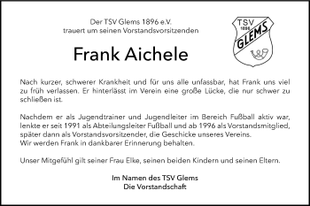 Anzeige von Frank Aichele von Reutlinger General-Anzeiger