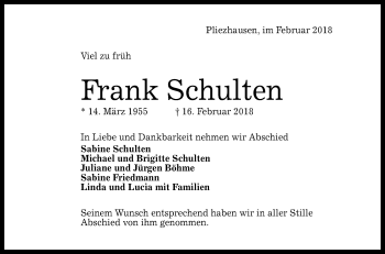 Anzeige von Frank Schulten von Reutlinger General-Anzeiger