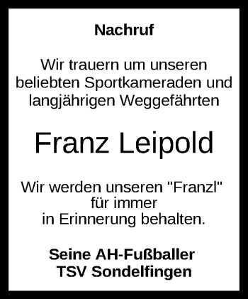 Anzeige von Franz Leipold von Reutlinger General-Anzeiger
