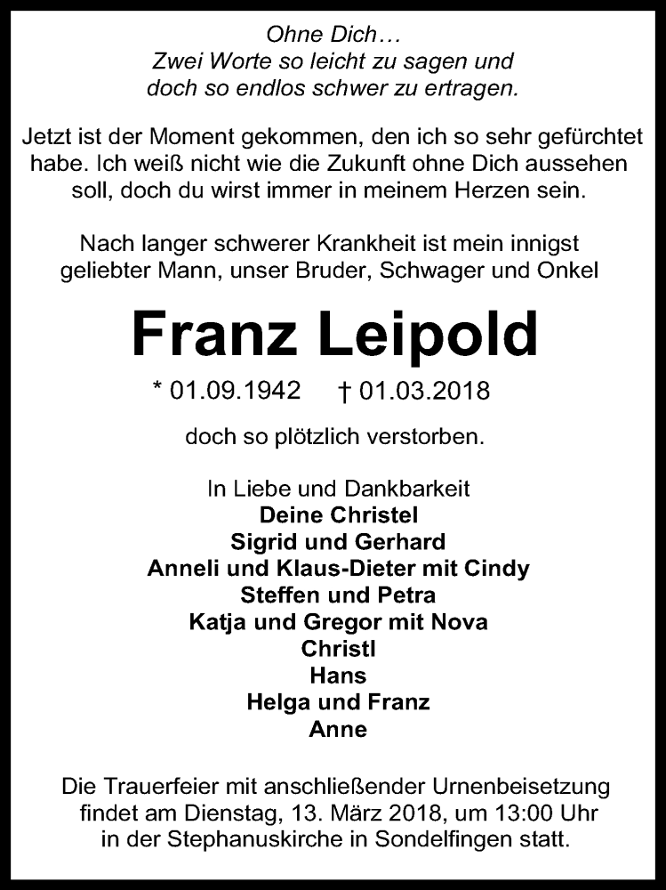  Traueranzeige für Franz Leipold vom 09.03.2018 aus Reutlinger General-Anzeiger