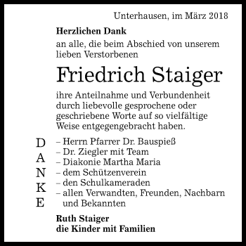 Anzeige von Friedrich Staiger von Reutlinger General-Anzeiger