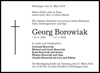 Anzeige von Georg Borowiak von Reutlinger General-Anzeiger