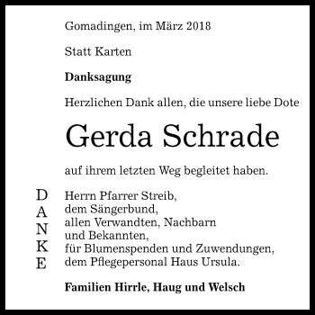 Anzeige von Gerda Schrade von Reutlinger General-Anzeiger