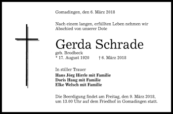 Anzeige von Gerda Schrade von Reutlinger General-Anzeiger