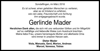 Anzeige von Gerlinde Mader von Reutlinger General-Anzeiger