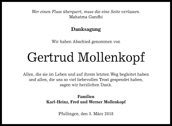 Anzeige von Gertrud Mollenkopf von Reutlinger General-Anzeiger