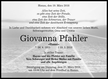 Anzeige von Giovanna Pfahler von Reutlinger General-Anzeiger