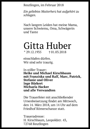 Anzeige von Gitta Huber von Reutlinger General-Anzeiger