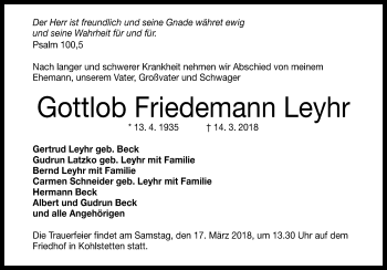 Anzeige von Gottlob Friedemann Leyhr von Reutlinger General-Anzeiger