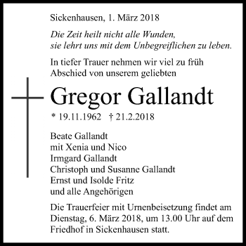 Anzeige von Gregor Gallandt von Reutlinger General-Anzeiger