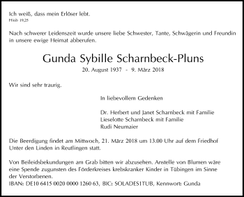 Anzeige von Gunda Sybille Scharnbeck-Pluns von Reutlinger General-Anzeiger