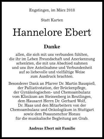 Anzeige von Hannelore Ebert von Reutlinger General-Anzeiger