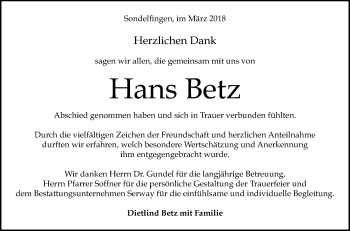 Anzeige von Hans Betz von Reutlinger General-Anzeiger
