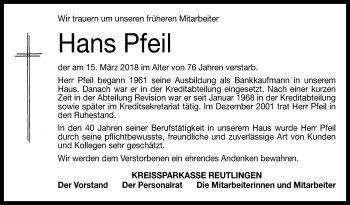 Anzeige von Hans Pfeil von Reutlinger General-Anzeiger