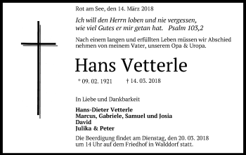 Anzeige von Hans Vetterle von Reutlinger General-Anzeiger