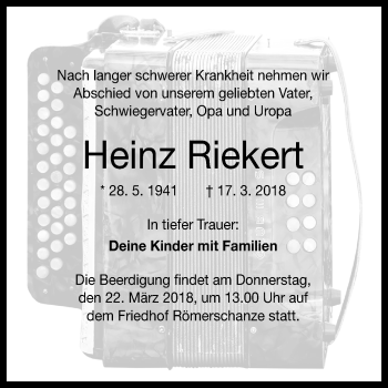 Anzeige von Heinz Riekert von Reutlinger General-Anzeiger