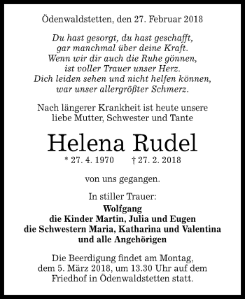 Anzeige von Helena Rudel von Reutlinger General-Anzeiger