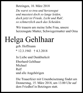 Anzeige von Helga Gehlhaar von Reutlinger General-Anzeiger