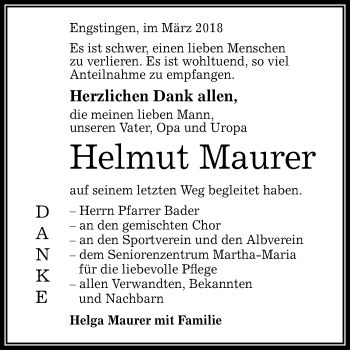 Anzeige von Helmut Maurer von Reutlinger General-Anzeiger