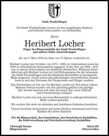 Anzeige von Heribert Locher von Reutlinger General-Anzeiger