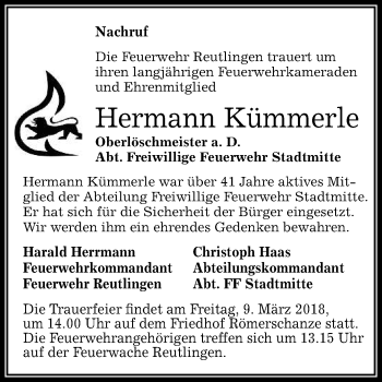 Anzeige von Hermann Kümmerle von Reutlinger General-Anzeiger