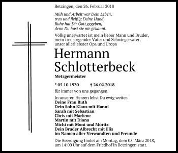 Anzeige von Hermann Schlotterbeck von Reutlinger General-Anzeiger